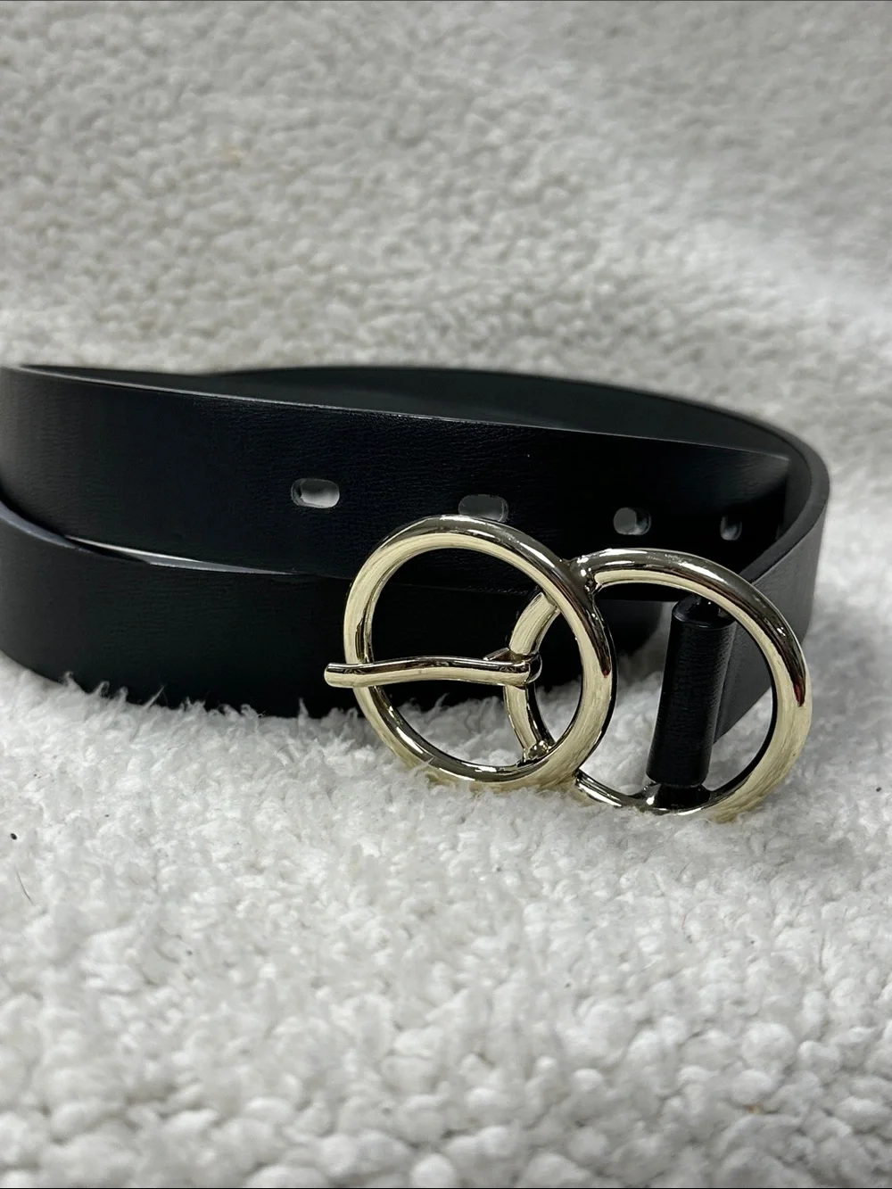 Vegan Faux Leather Black Belt With Gold Tone Double Circle Buckle, L
